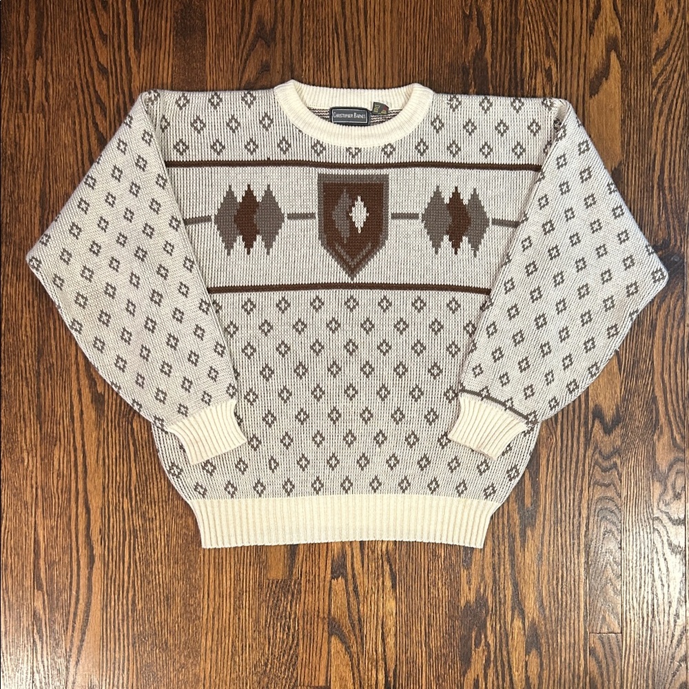 Vintage Cream and Brown Geometric Crewneck Sweater
